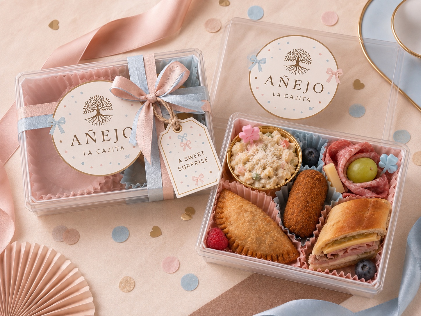 Gender reveal Cajitas with matching blush and blue labels, tags, liners, and food accents