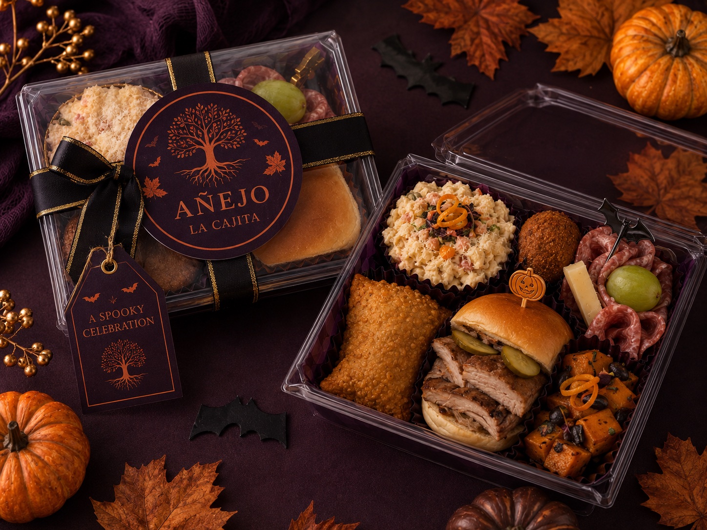 Halloween Cajitas with coordinated purple and orange packaging and seasonal Cuban bites