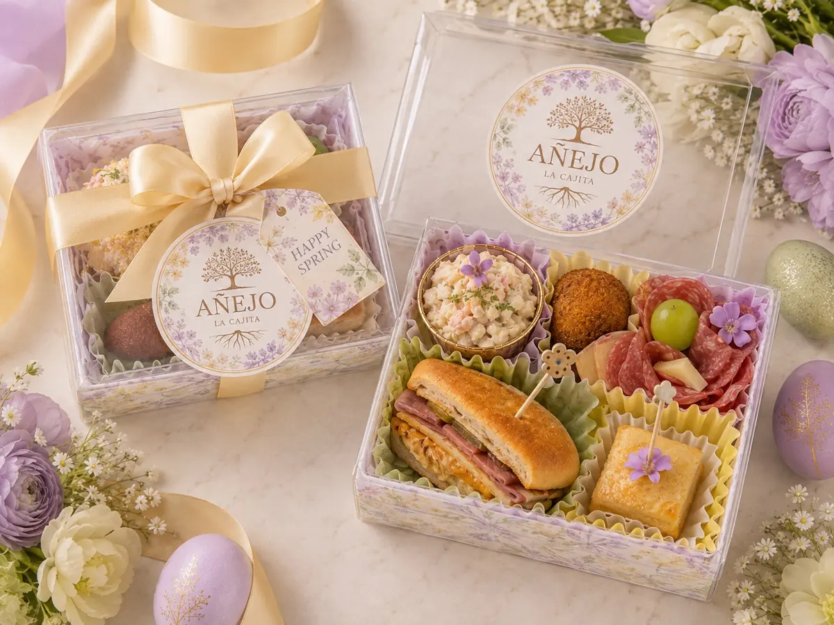 Two spring Cajitas with lavender floral labels