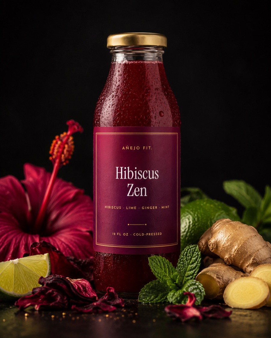 Añejo Fit — Hibiscus Zen cold-pressed juice: hibiscus, lime, ginger, mint